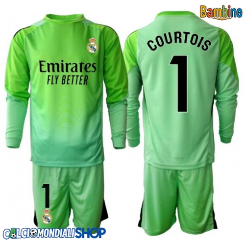 Maglie da calcio Real Madrid Thibaut Courtois #1 Portiere Seconda Maglia Bambino 2025-26 Manica Lunga + Pantaloni corti)